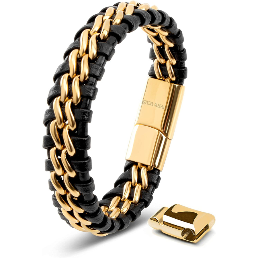 Bracelet magnétique en acier inoxydable pour homme avec bracelet en cuir noir - Boîte à bijoux exclusive