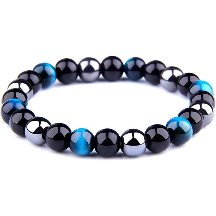 Bracelet Triple Protection Oeil de Tigre UEUC : Perles d\'Hématite et Obsidienne Noire