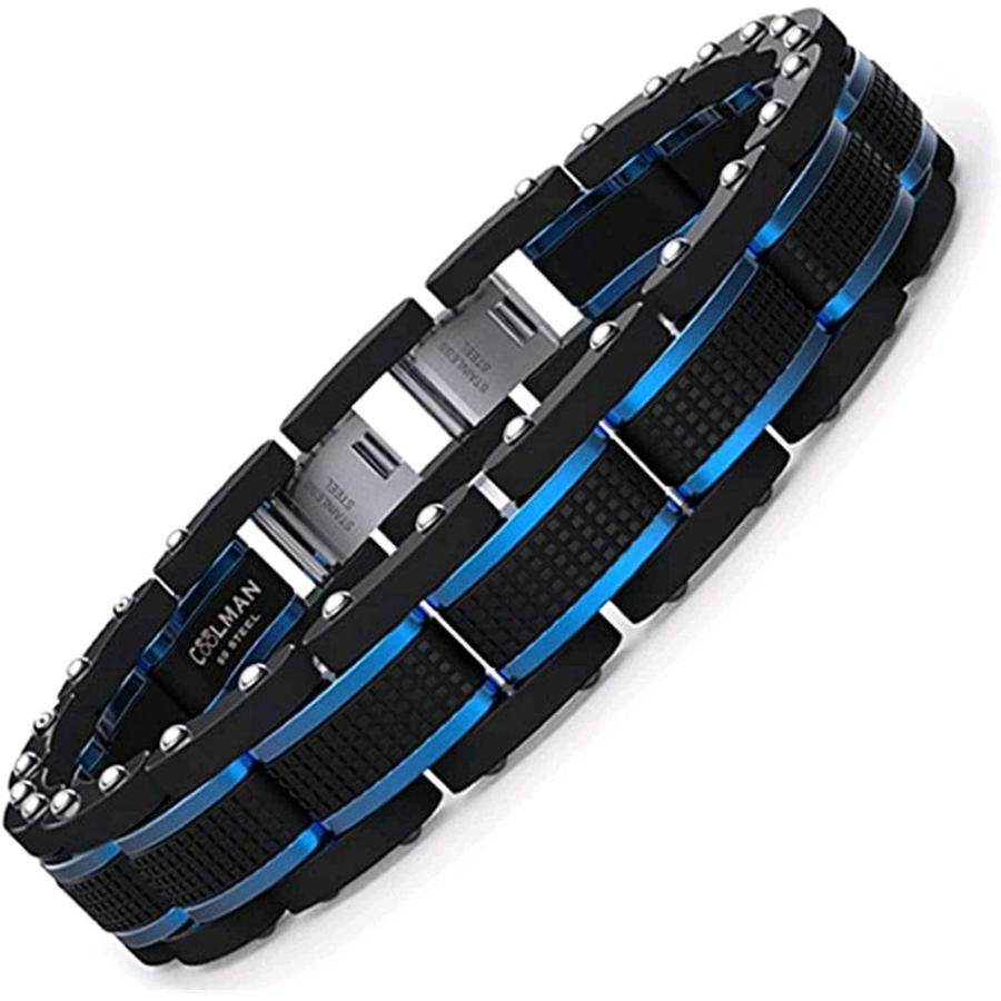 Bracelets pour homme Coolman : acier inoxydable bleu et noir réglable 15,5-23 cm (avec boîte cadeau de la marque) !