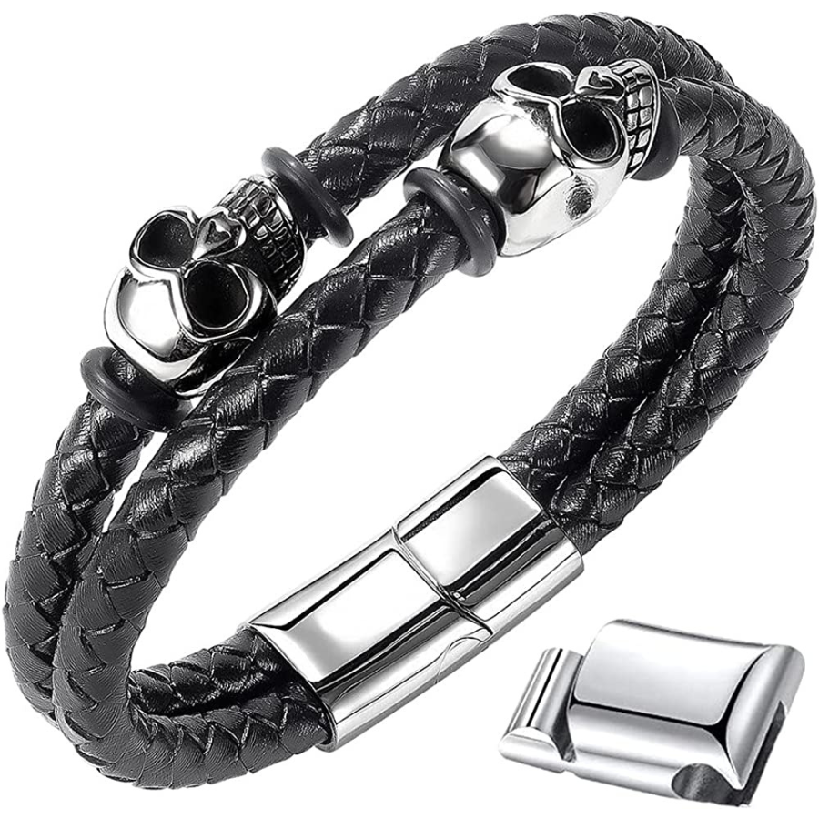 Bracelet Tête de Mort Vintage Cuir Noir - Biker chic !