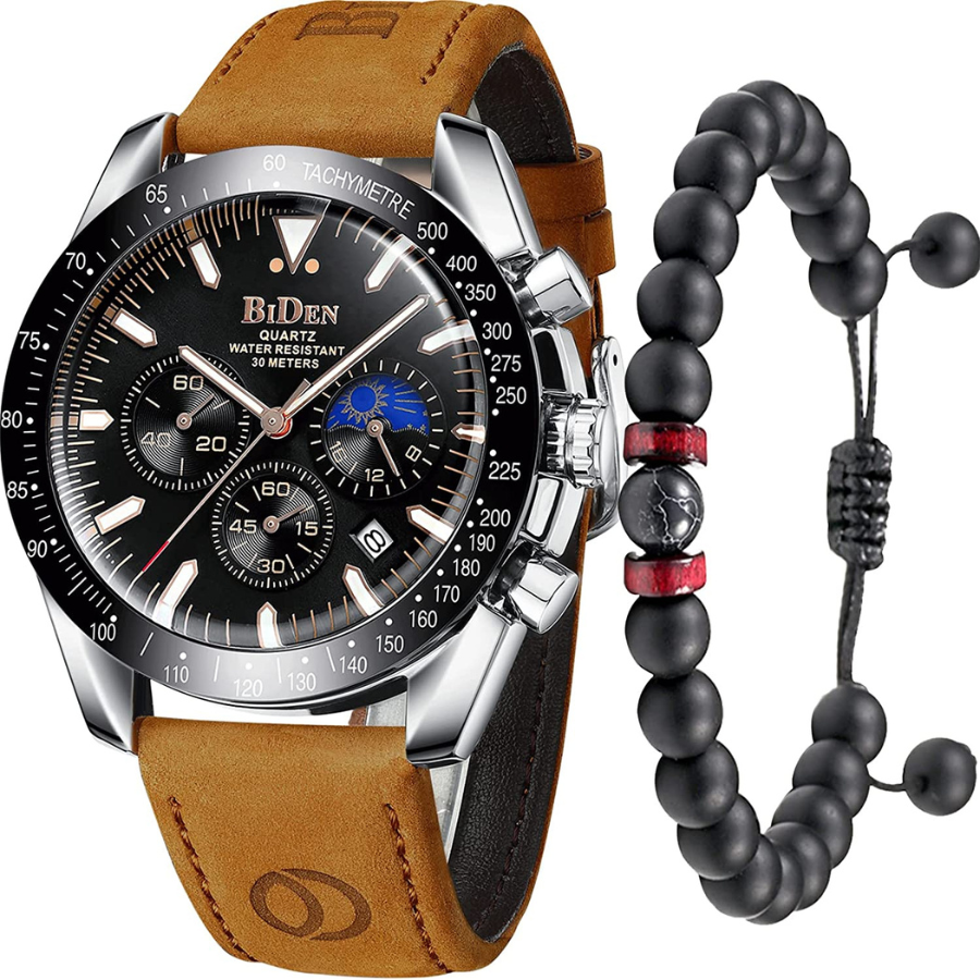 Montre pour homme en acier inoxydable étanche 30 m avec grand cadran et mouvement chronographe.