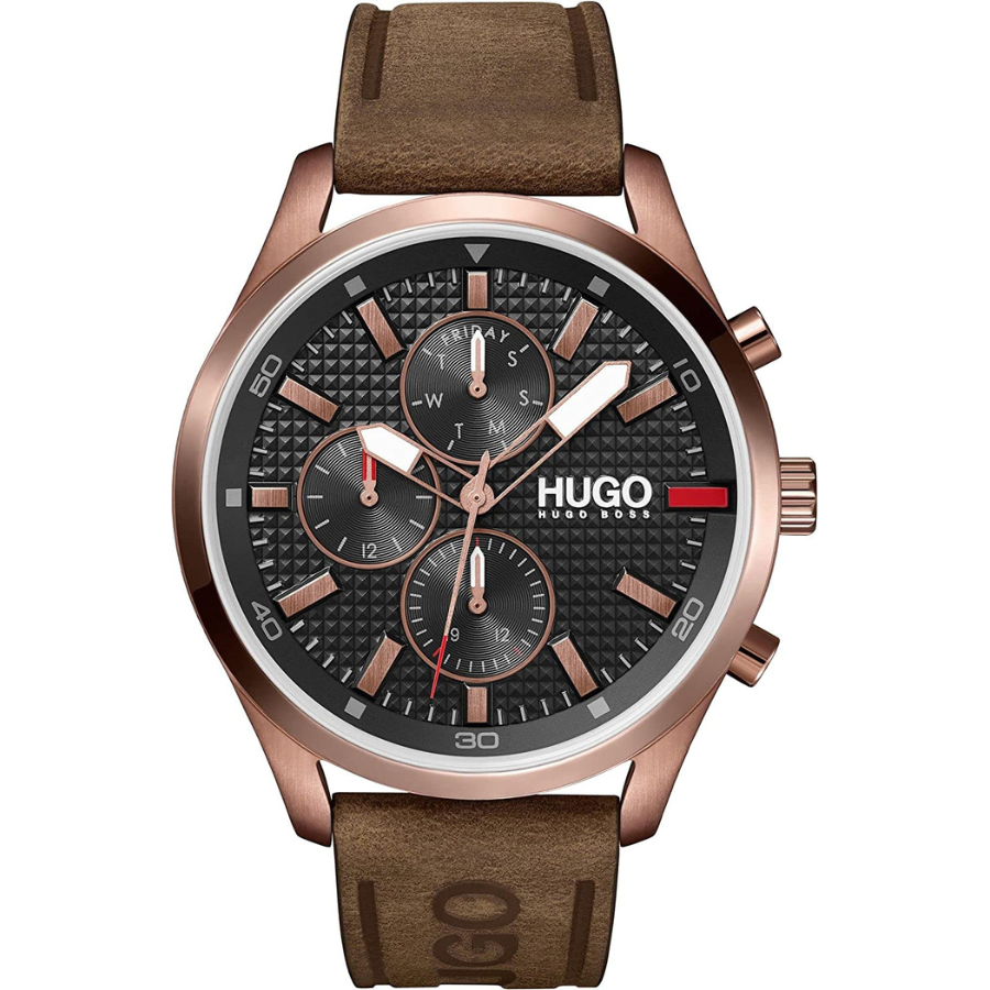 HUGO 1530162 Montre analogique à quartz multifonction pour homme avec bracelet en cuir marron