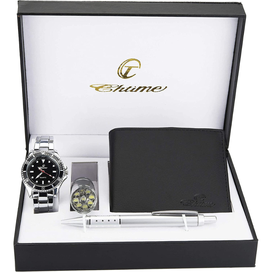 Coffret Cadeau Montre Homme Noir - Lampe LED - Portefeuille -Stylo