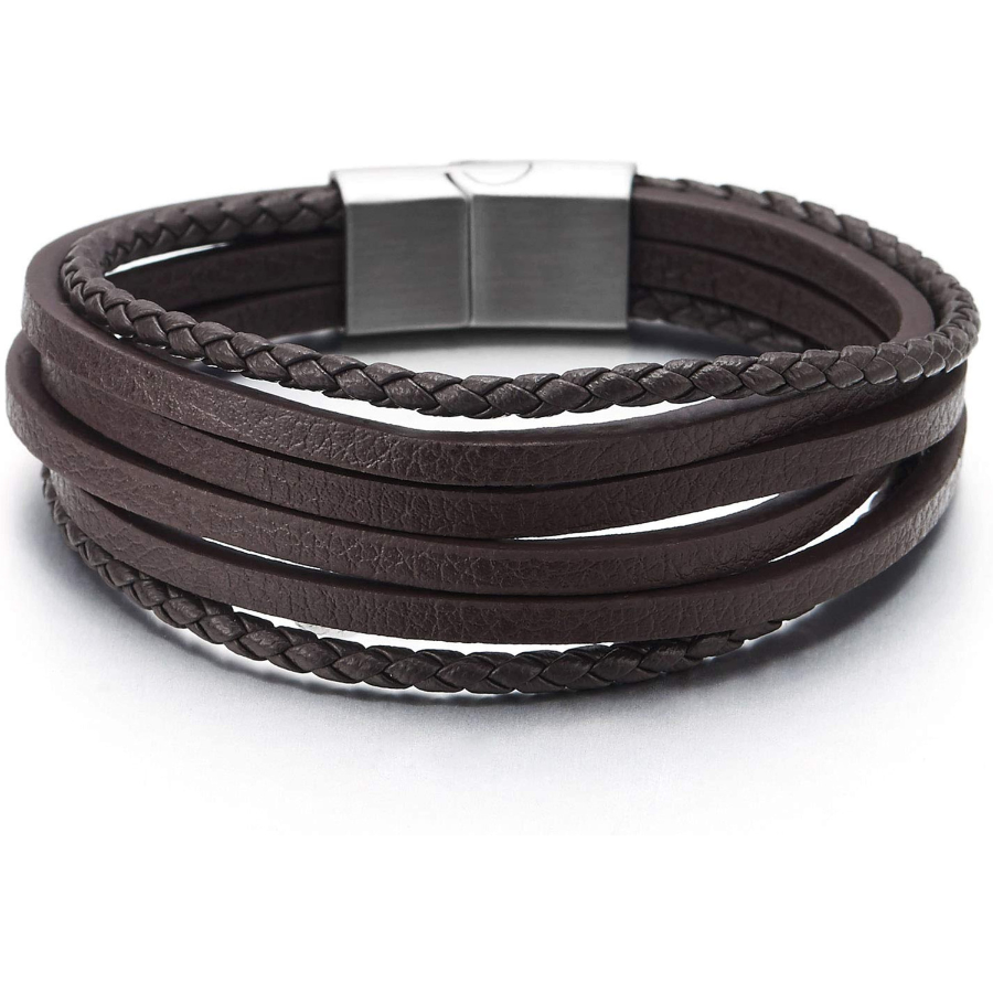 Soyez à votre avantage avec l'ensemble multi-bracelet en cuir tressé marron