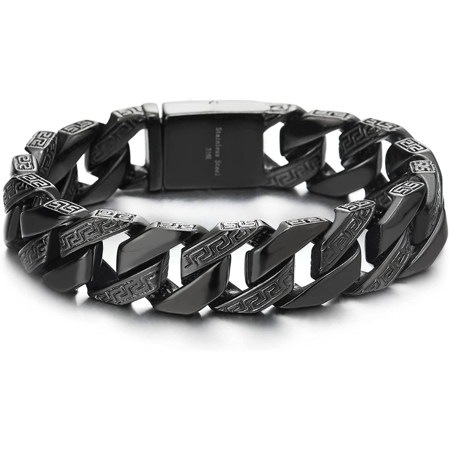 L\'accessoire parfait - Bracelet gourmette noir avec motif de clé grecque en acier inoxydable