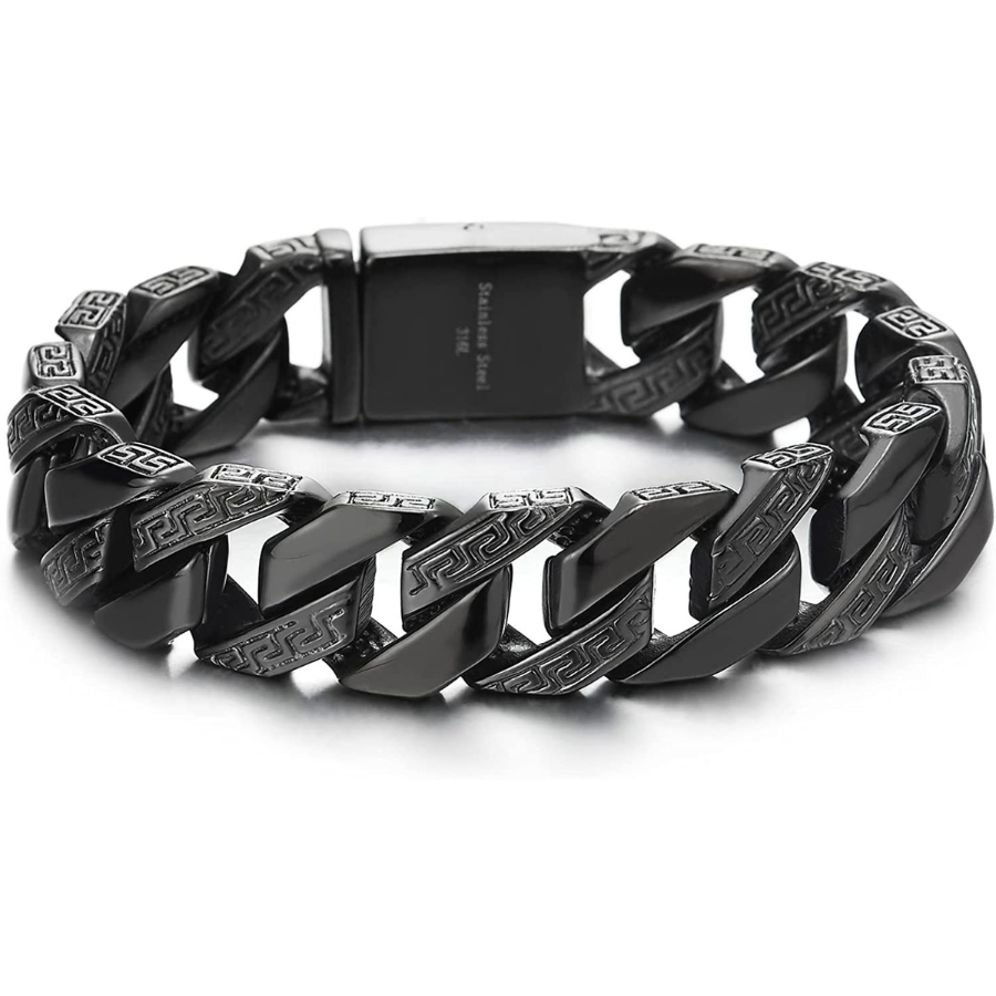 L'accessoire parfait - Bracelet gourmette noir avec motif de clé grecque en acier inoxydable