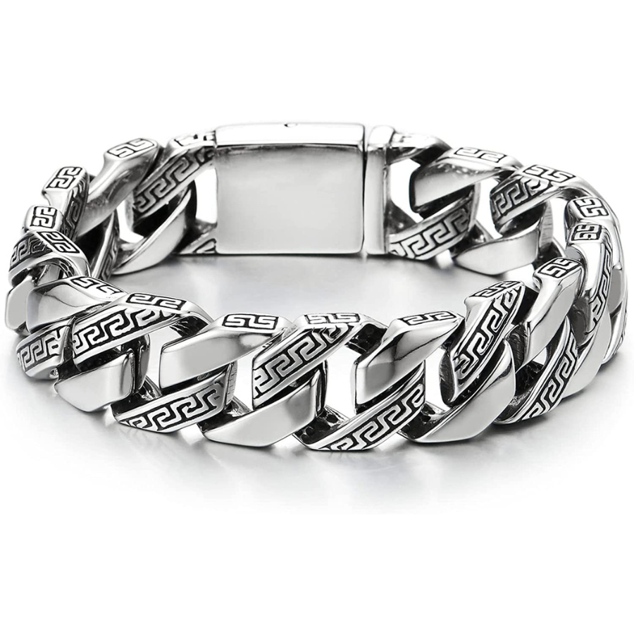 Améliorez votre look avec le bracelet pour homme Gourmette en acier inoxydable avec motif de clé grecque en argent