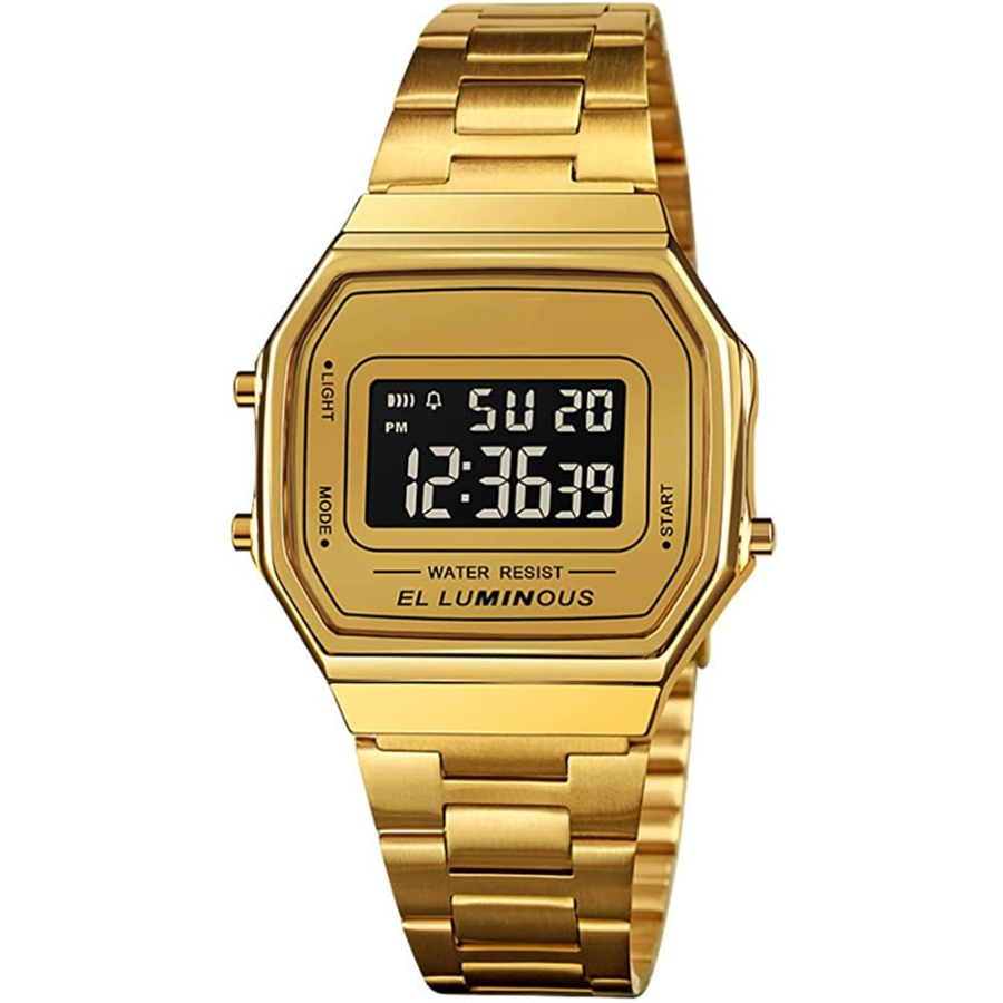 Un aperçu de la montre numérique à quartz en or pour hommes