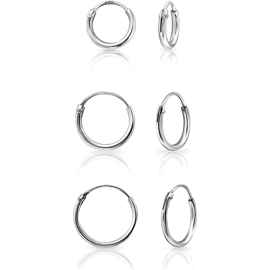 Boucles d'oreilles fines et élégantes en argent fin 925 plaqué or de DTPsilver® - 3 paires MINI Créole/Anneau