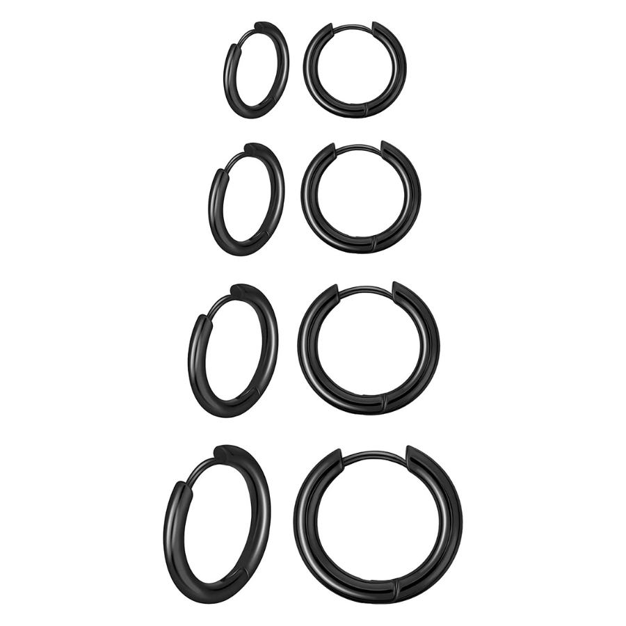 4 Paires de Boucles d'oreilles créoles noir en acier inoxydable - Pour les amateurs de style minimaliste