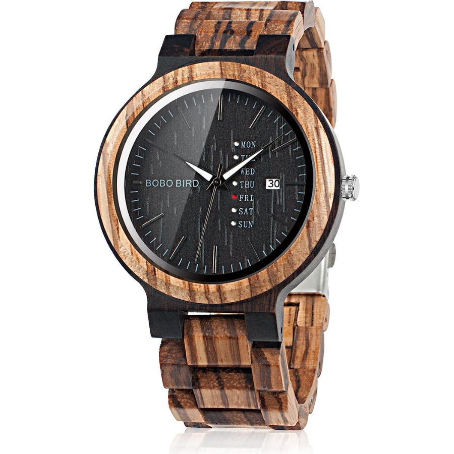 Montre BOBO BIRD Homme en Bois de Zèbre Fait Main - Boîte Cadeau Incluse