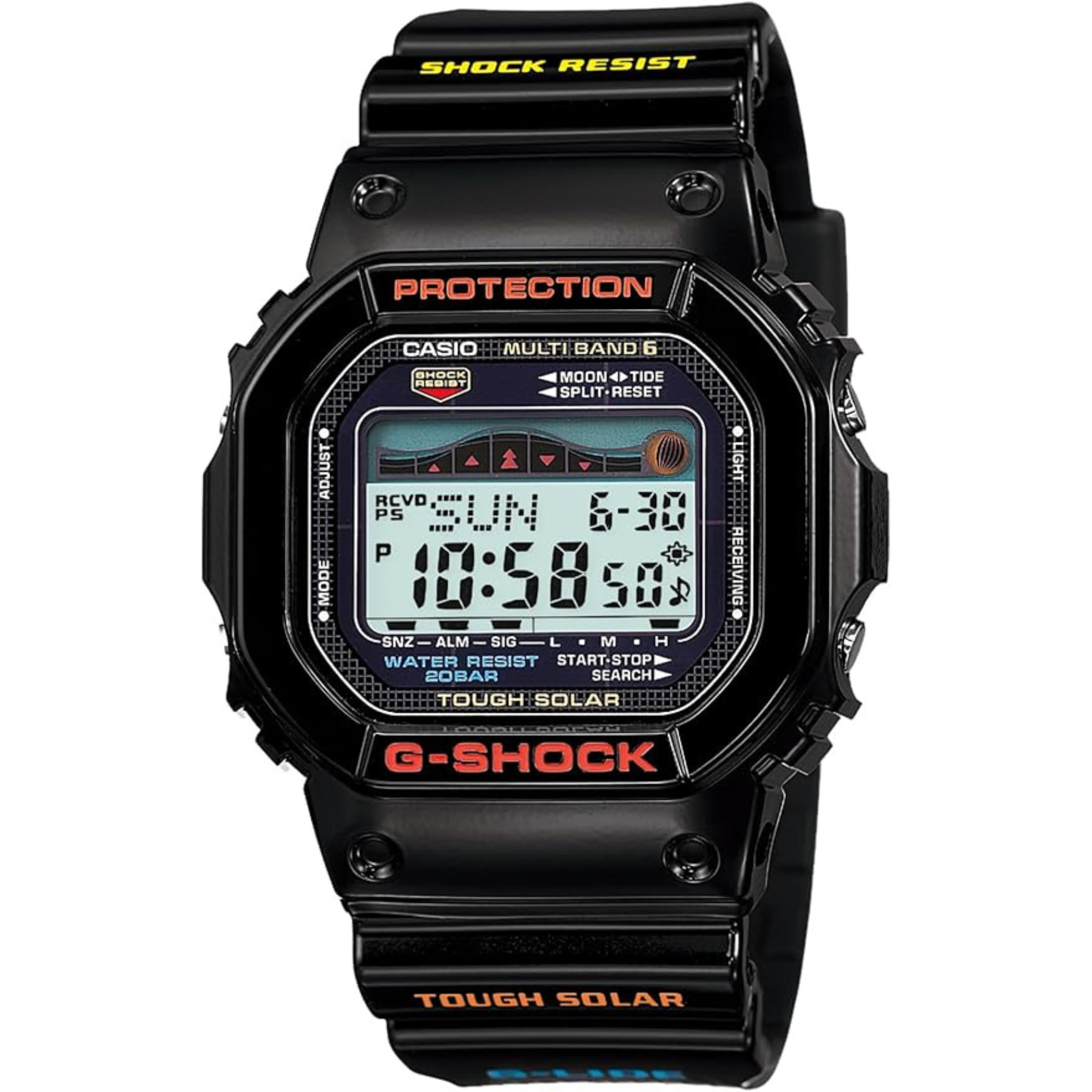 Casio G-Shock GWX-5600 noire avec affichage numérique des marées et phases lunaires
