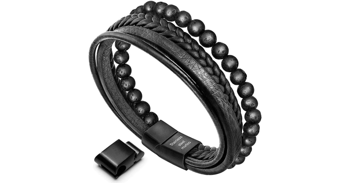 Bracelet Homme Cuir Et Acier Murtoo - Fermoir Magnétique - Noir Et Marron - Idée Cadeau Homme élégant
