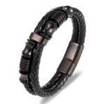Bracelet de luxe fait-main en cuir noir véritable pour homme