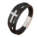 Bracelet en cuir pour homme avec design avec croix style classique en acier inoxydable