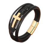 Bracelet en cuir pour homme avec design avec croix style classique en acier inoxydable