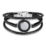 Bracelet en cuir noir/marron multicouche avec motif de pierre de bois