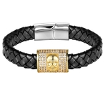 Bracelet squelette en cuir véritable pour homme et acier inoxydable