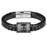 Bracelet squelette en cuir véritable pour homme et acier inoxydable