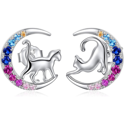 Boucles d'Oreilles YFN en Argent Sterling avec Motif Chat et Lune