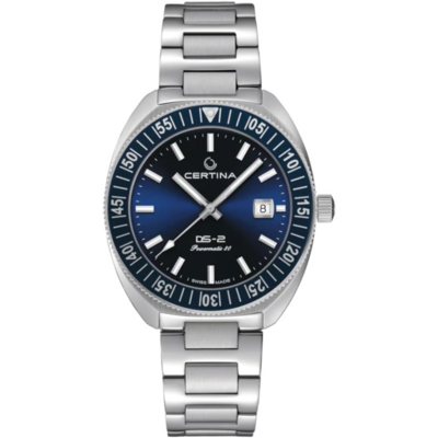 Montre Certina DS-2 fond bleu, bracelet acier, lunette céramique noire