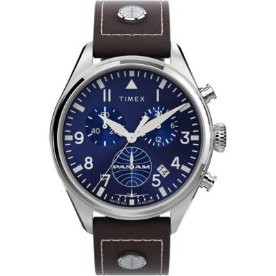 Timex Pan Am chronographe aviation avec cadran bleu et bracelet cuir