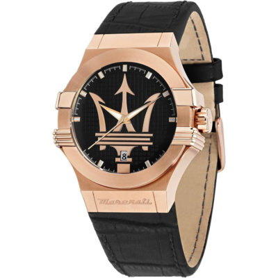 Montre Maserati Potenza dorée rose avec cadran noir et bracelet noir