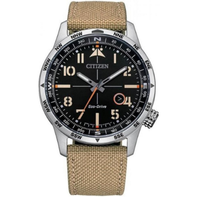 Citizen BM7550-10E avec cadran noir et bracelet textile beige
