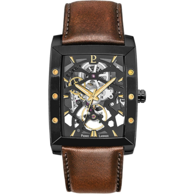 Pierre Lannier Hector automatique squelette avec boîtier noir et bracelet cuir brun
