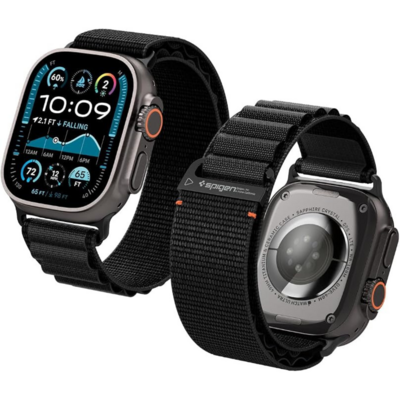 Bracelet Spigen WBF1 noir installé sur une Apple Watch