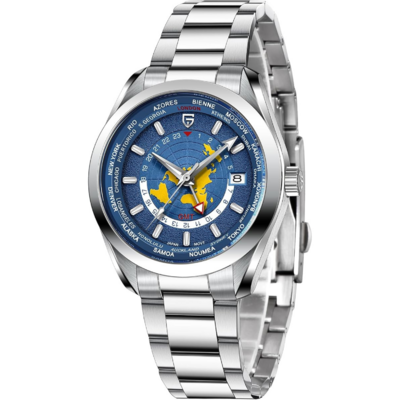 Montre automatique GMT Pagani Design PD-1788 avec cadran carte du monde et bracelet acier