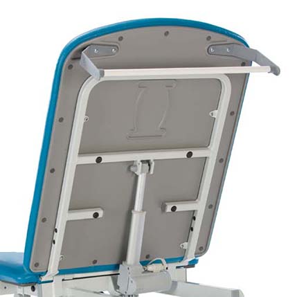 vue arriere du dossier avec porte rouleau et vérin électrique du fauteuil de podologie seers medical tablelya