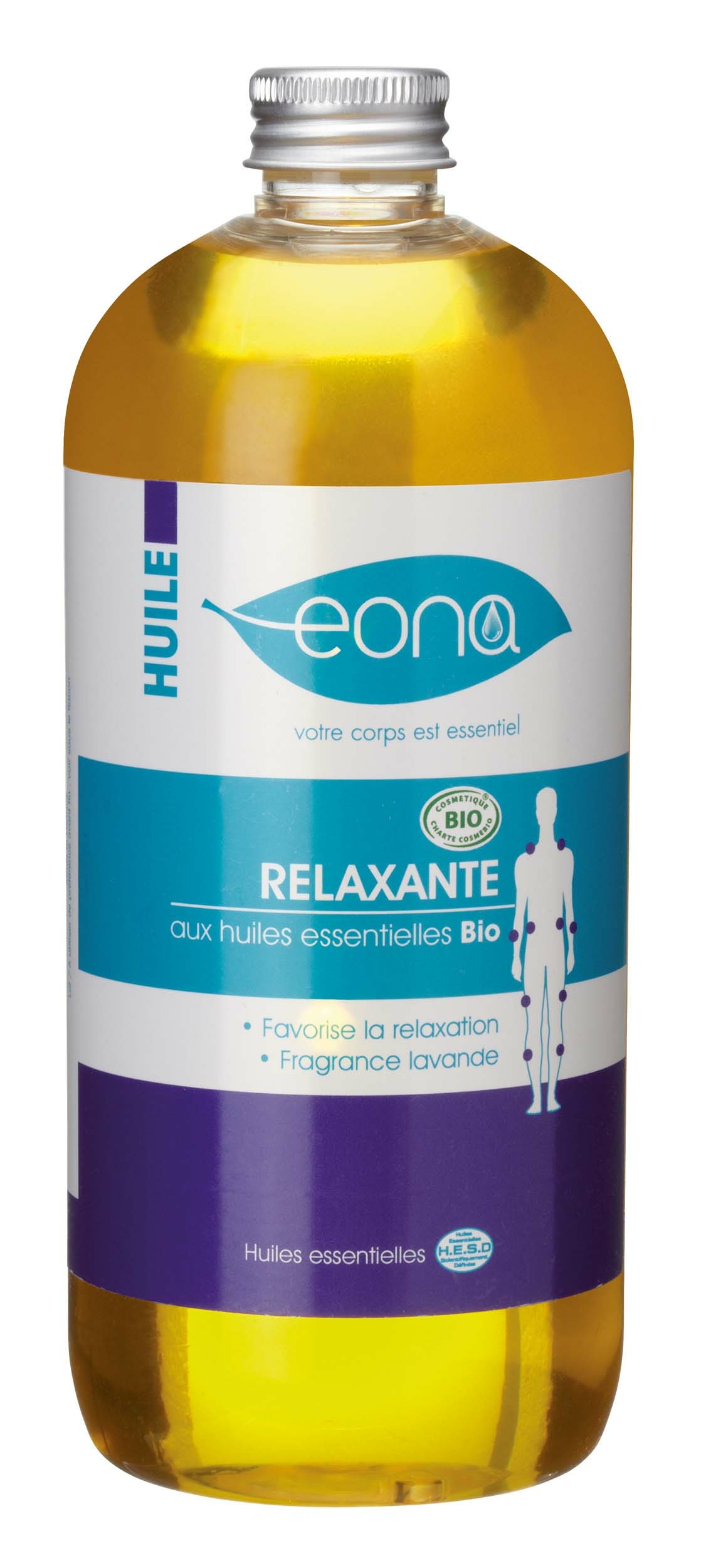 Huile de massage musculaire Bio EONA disponible en 500 ml et 100ml sur