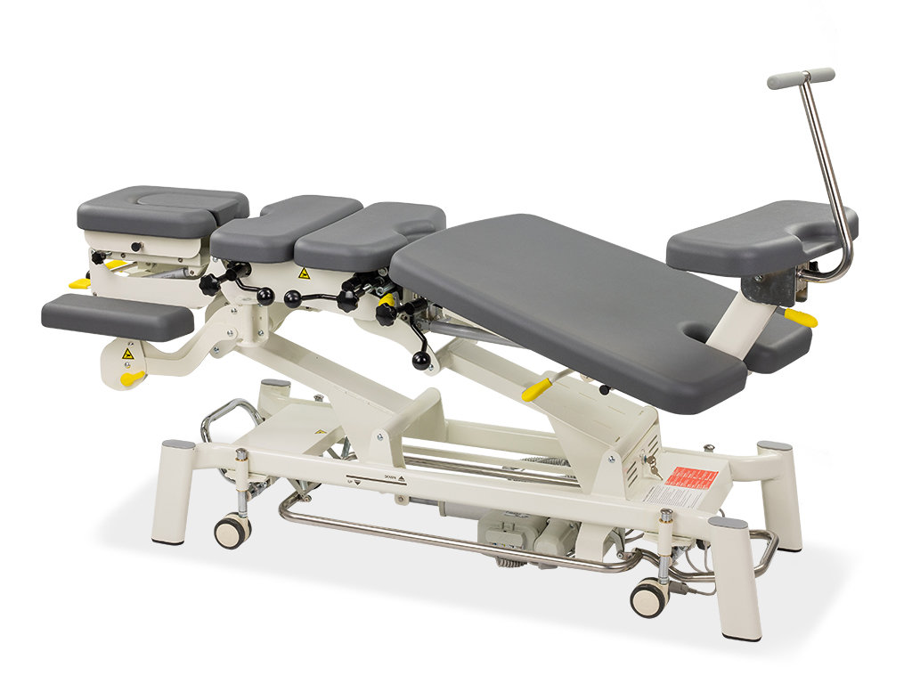 table de chiropraxie électrique habys avec drops ou toggle mécaniques plan jambier incliné et rotulé 20° couleur grise