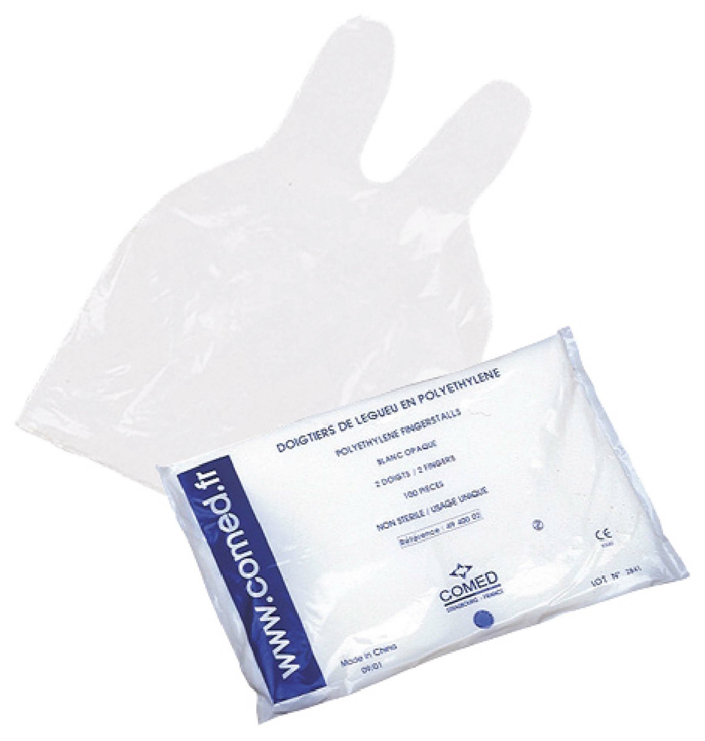 Doigtier 2 doigts sachet individuel  polyéthylène non stérile non poudré paquet de 100