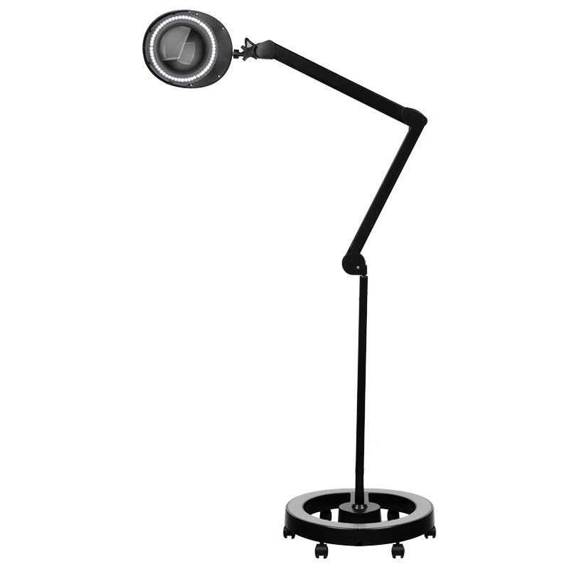 tablelya lampe loupe noire à led bras compensé design sur pied à roulettes rond noir LED allumé bras tendu