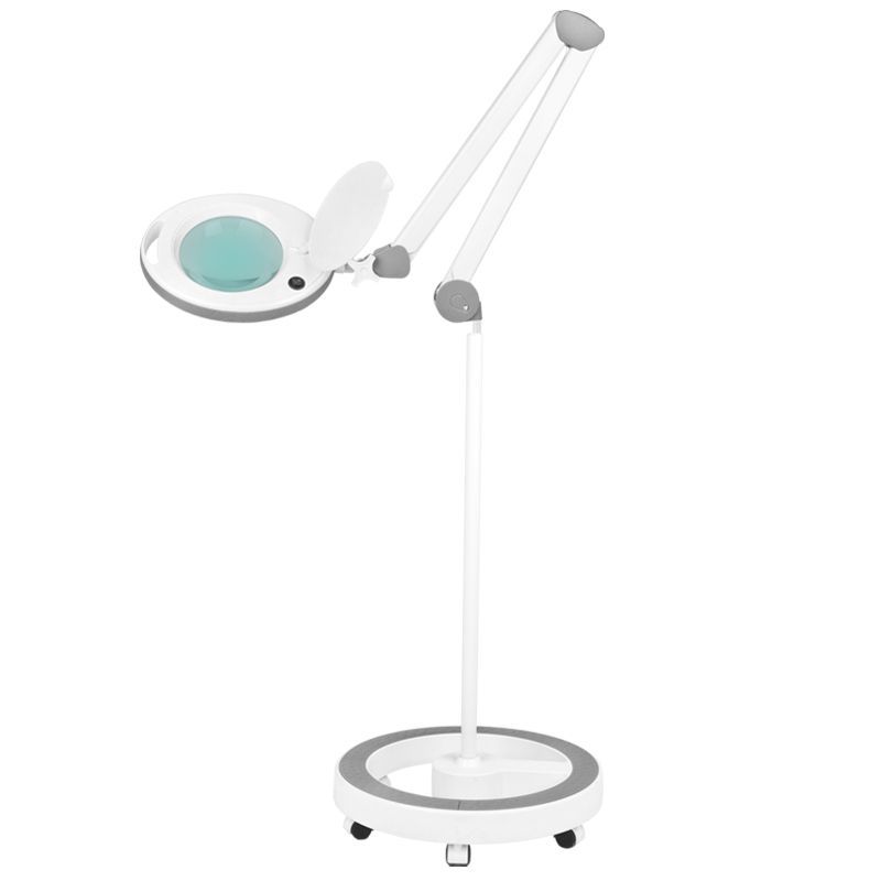 tablelya lampe loupe blanche à led bras compensé design sur pied à roulettes rond blanc LED allumées