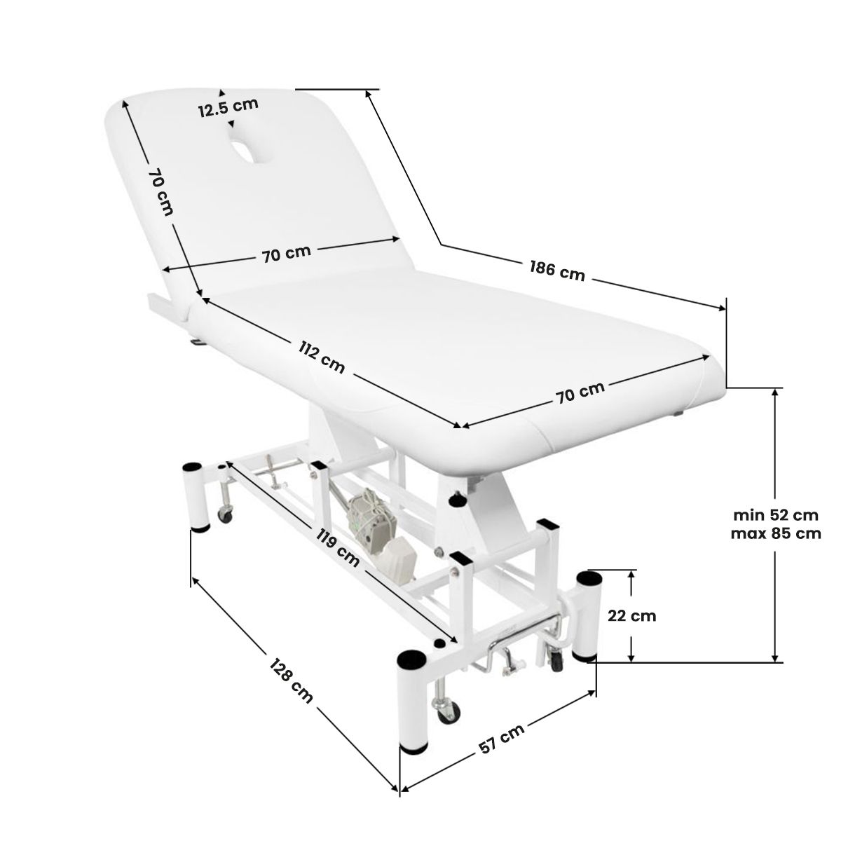 tablelya table dexamen électrique 2 plans blanche avec roulettes et trou visage dimensions totales