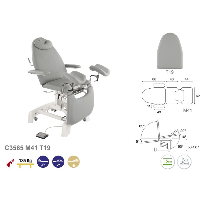 c3565 c3565 ecopostural tablelya fauteuil gynécologie électrique avec appui-bras châssis étroit faible encombrement dimensions