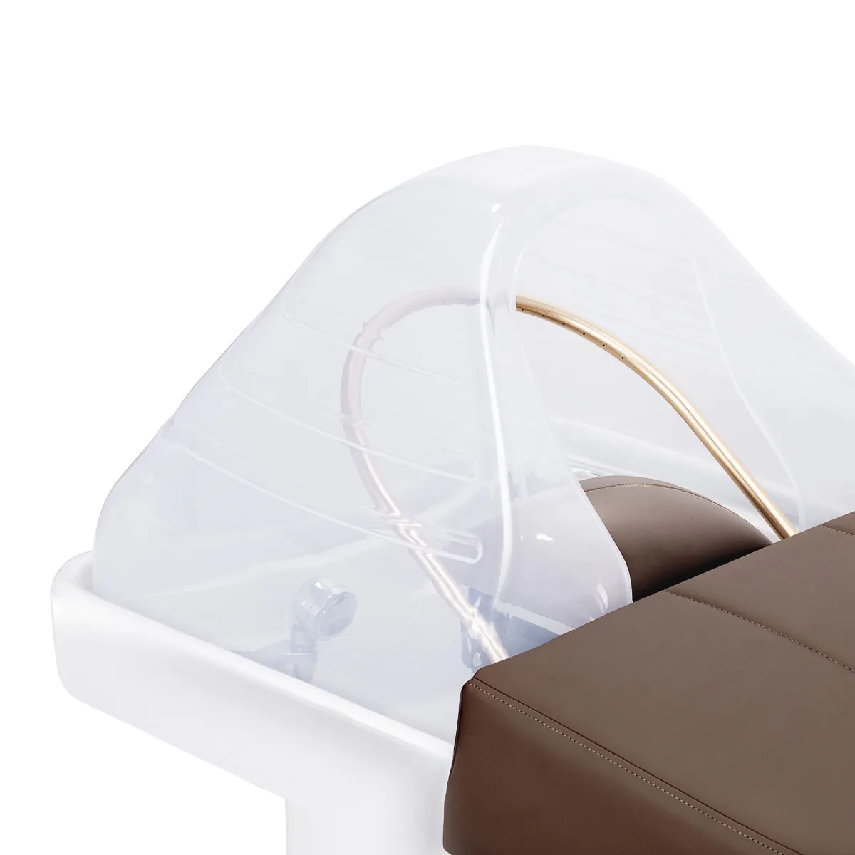 Détails déquipement de head spa japonais. Gros plan sur les détails du lavabo, essentiels pour un head spa japonais authentique et efficace avec capot et arche dorée tablelya