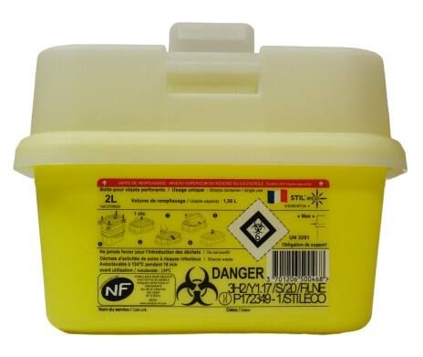 Dasri boite aiguiles et déchets plastique contenance 2 litres tablelya stileco