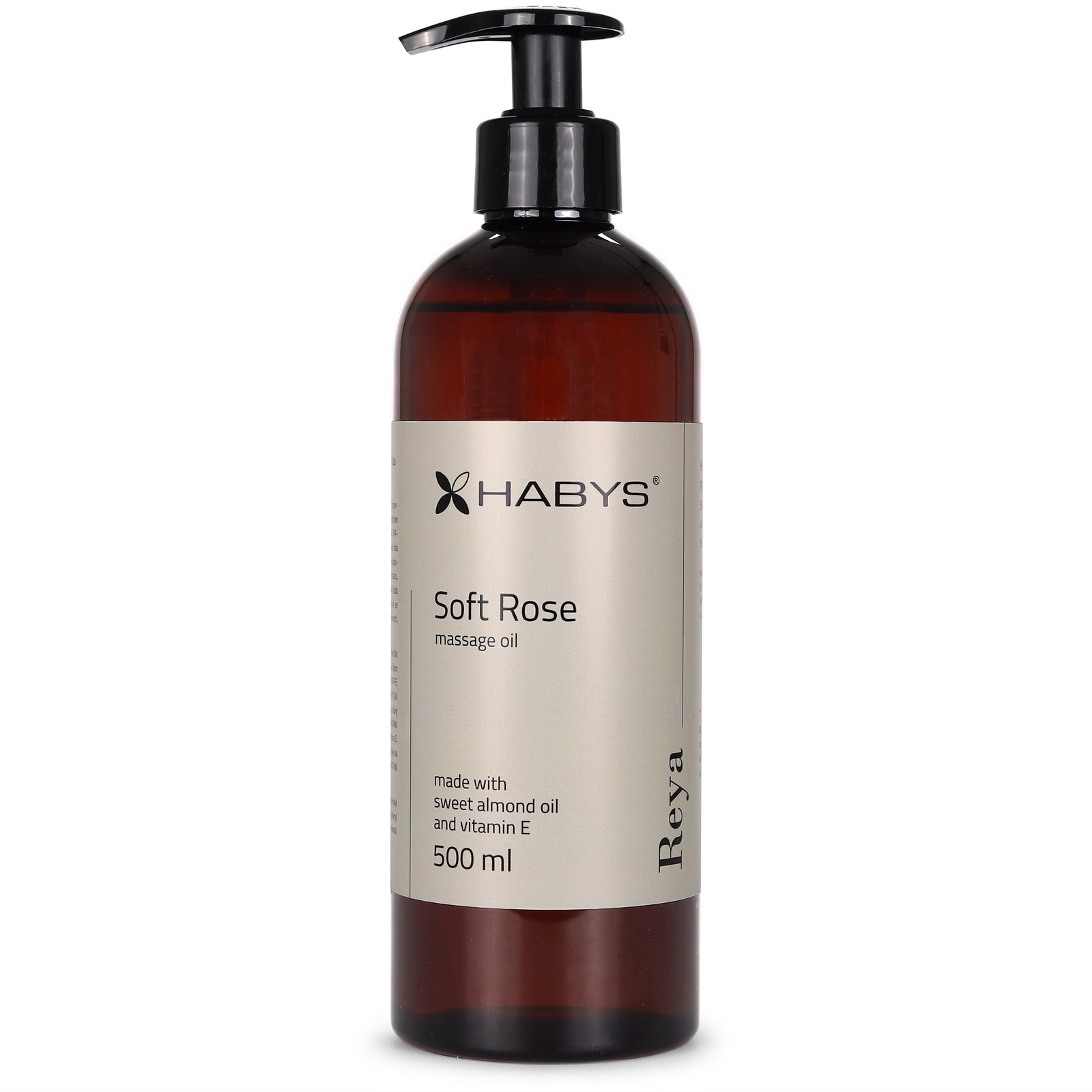 Huile de massage Reya Soft Rose HABYS 500 ml – flacon professionnel sur fond blanc-tablelya