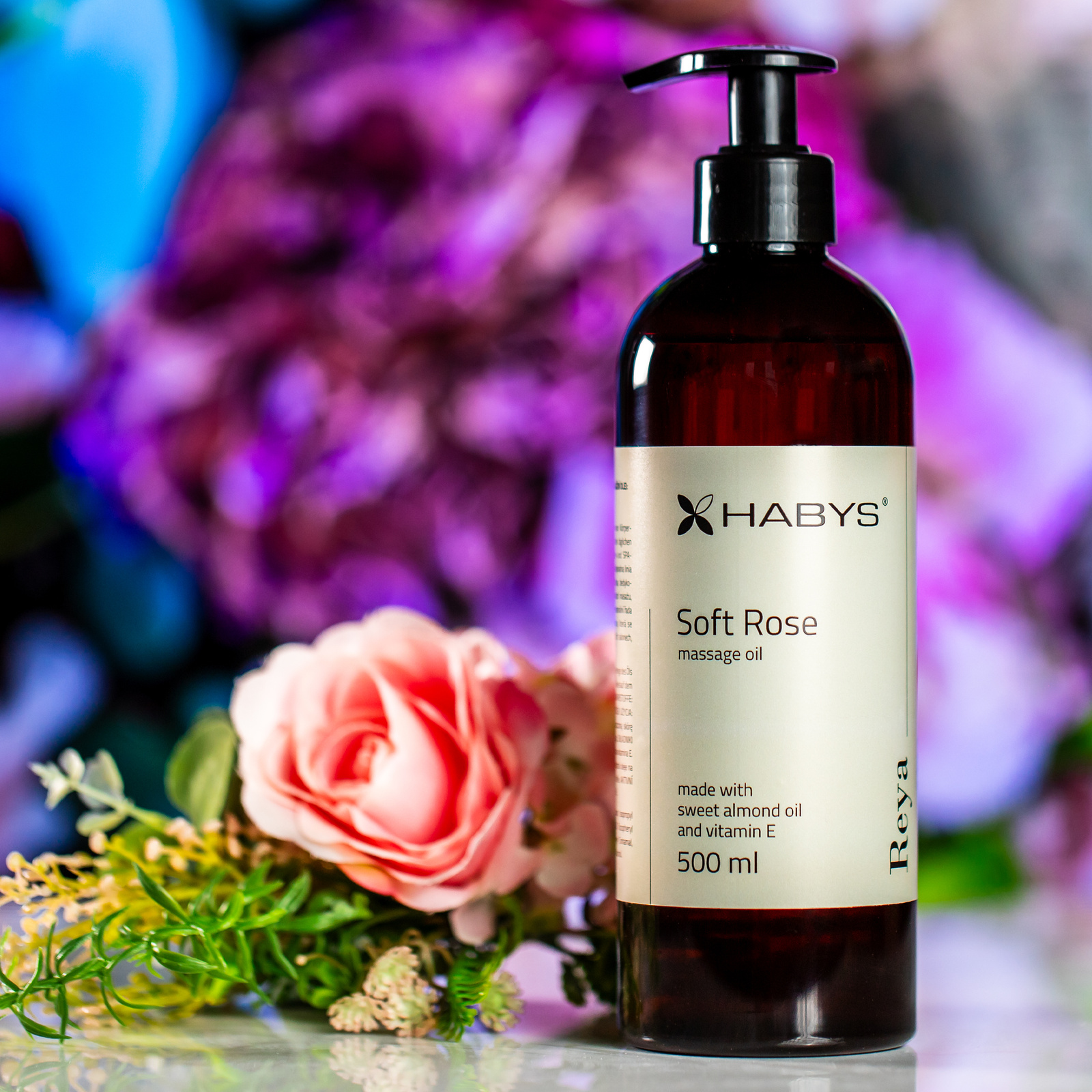 Huile de massage professionnelle HABYS Reya Soft Rose – ambiance spa et bien-être