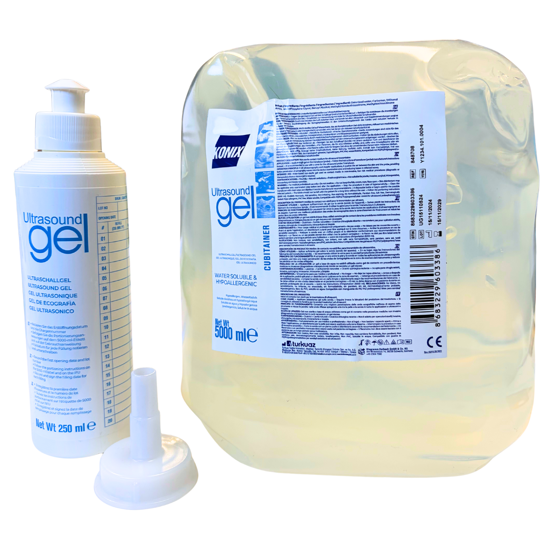 Vue principale du gel échographie KONIX 5 L avec flacon rechargeable 250 ml