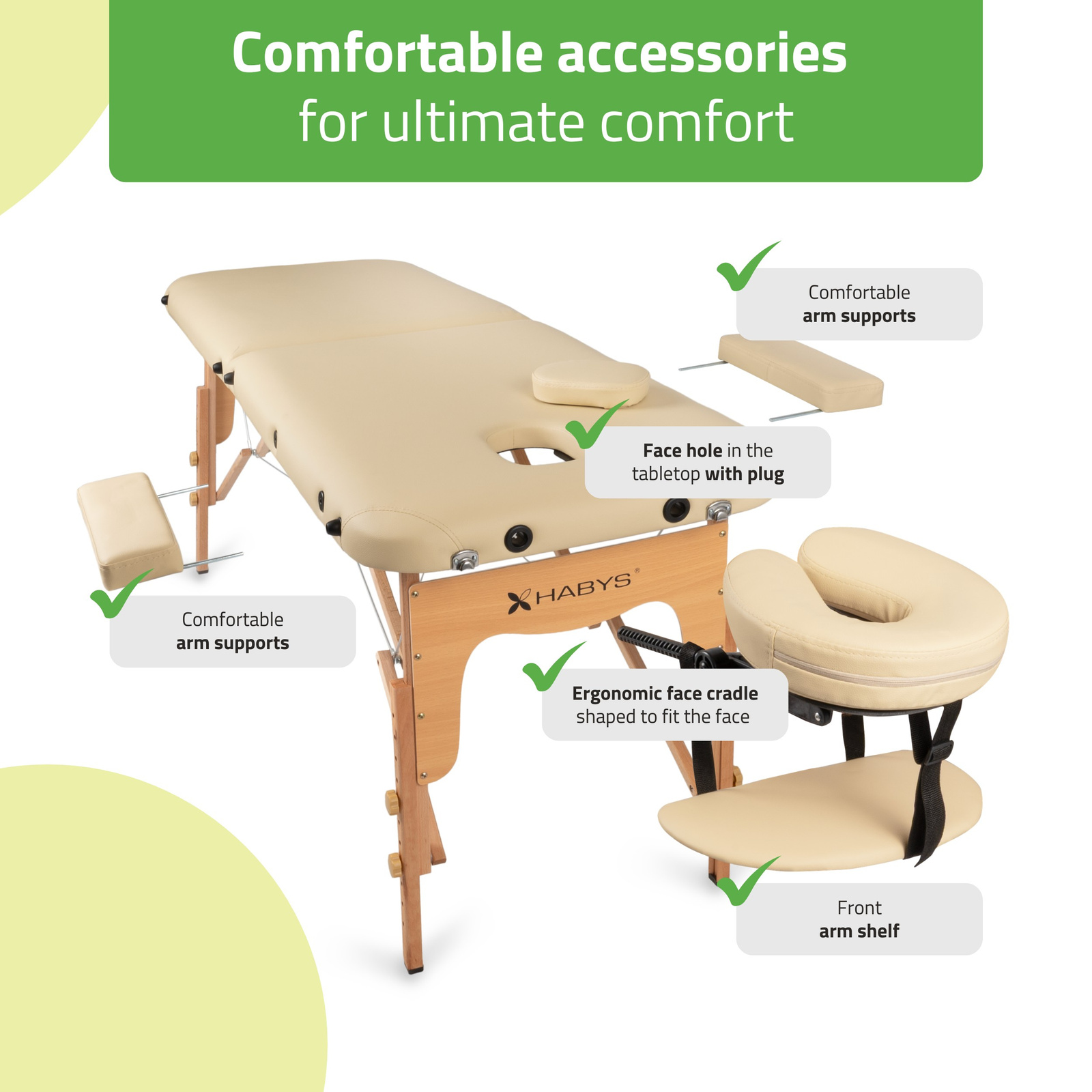 Accessoires de la table de massage LIRA HABYS beige avec appui-tête ergonomique, repose-bras et cavité visage – Tablelya
