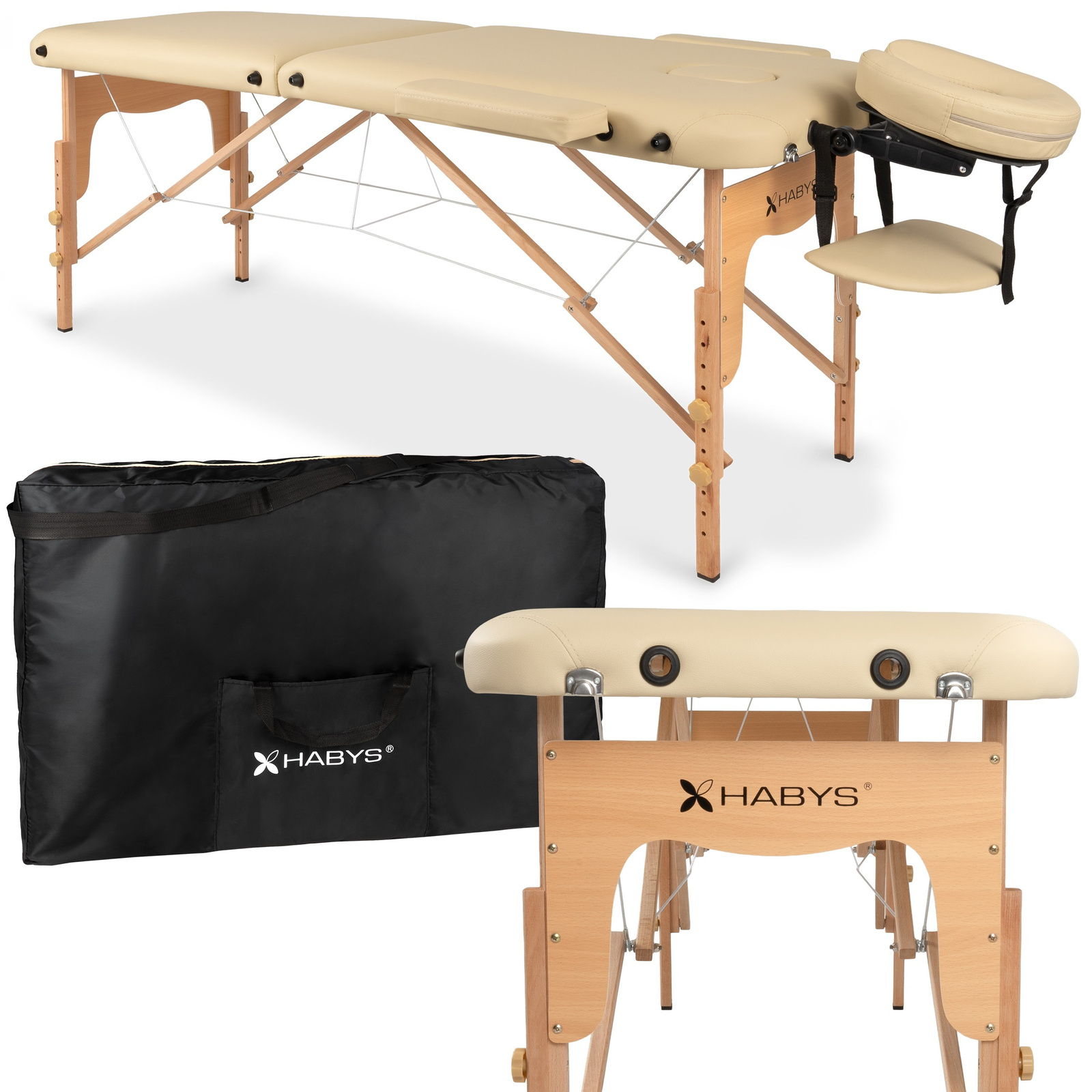 Table de massage pliante LIRA HABYS beige avec structure en bois, appui-tête, repose-bras et housse de transport – Tablelya
