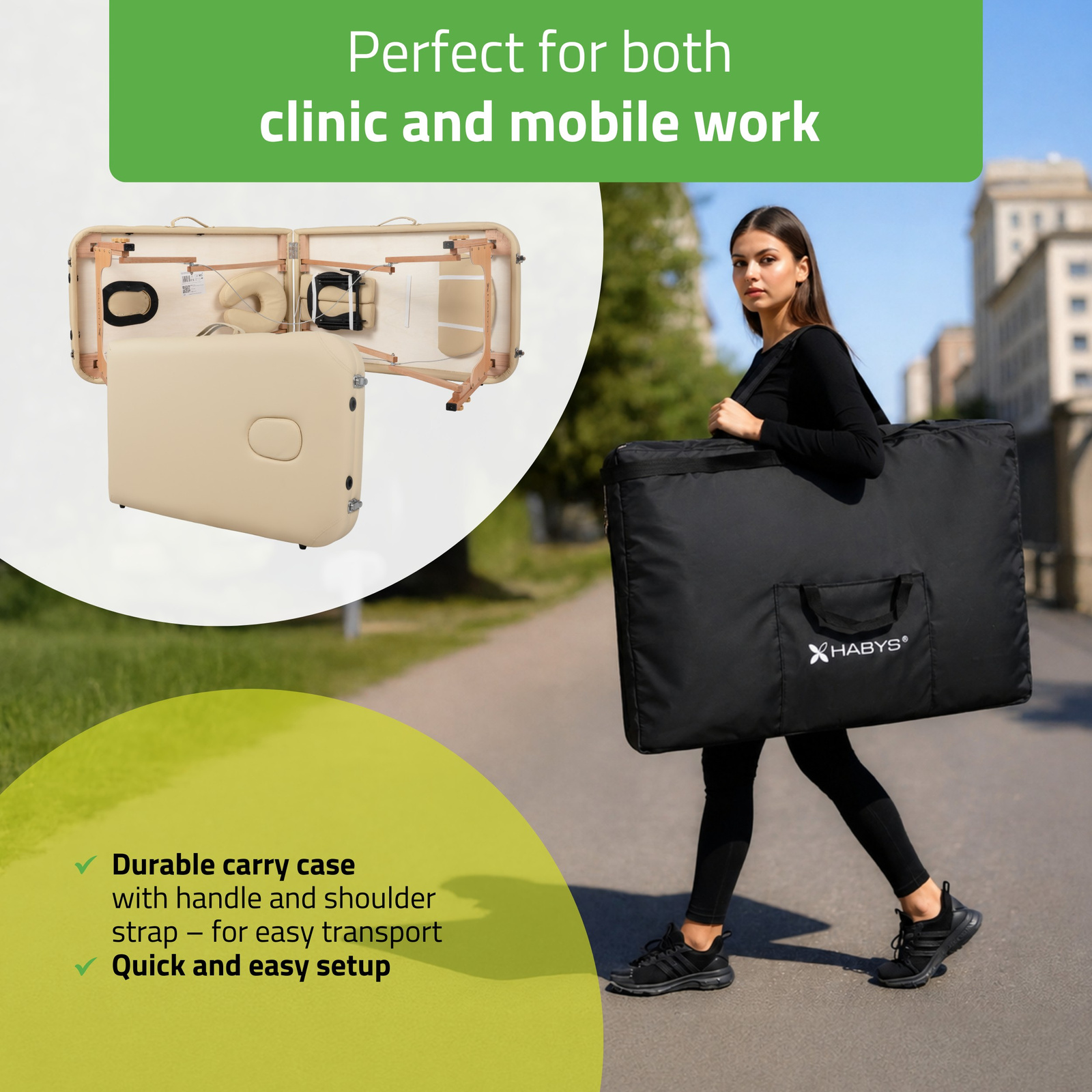 Table de massage portable LIRA HABYS beige pliée dans sa housse de transport pour les praticiens mobiles – Tablelya