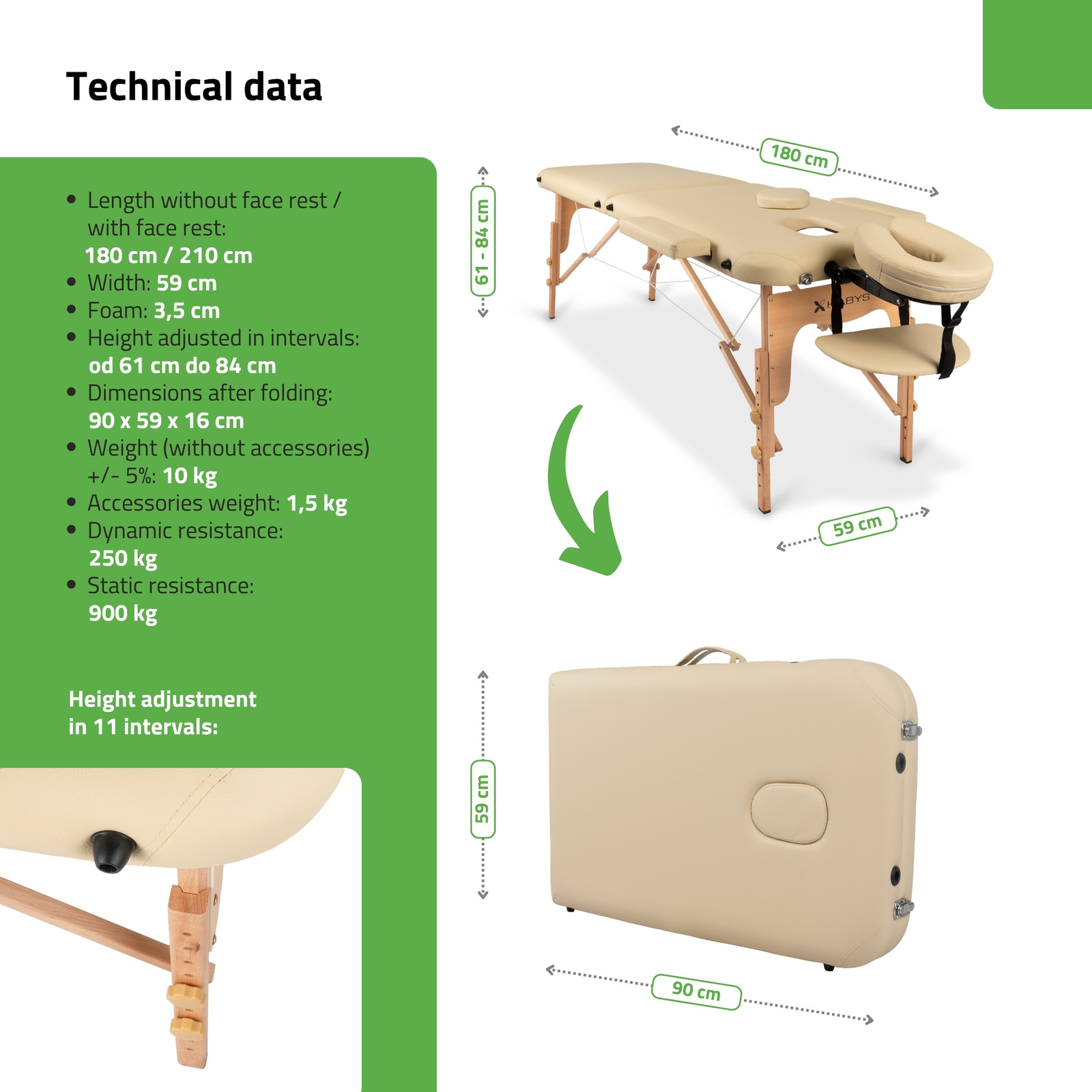 Dimensions de la table de massage LIRA HABYS beige-180 x 59 cm-hauteur réglable de 61 à 84 cm et poids 10 kg – Tablelya
