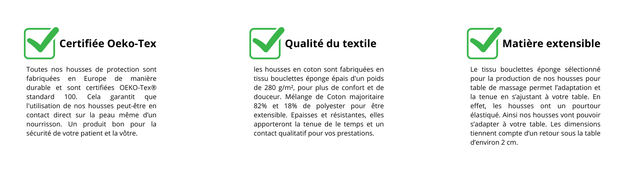 Housses en coton pour table de massage : certification Oeko-Tex pour un usage sûr, textile de qualité pour un confort optimal et matière extensible pour une adaptation parfaite. Idéal pour kinés, ostéos et centres spa.
