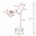 tablelya lampe loupe blanche à led bras compensé design  LED allumé bras pliés dimensions avec le pied à roulettes blanc rond